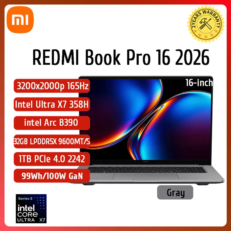 Xiaomi REDMI Book Pro 16 2026 Laptop Ultra5-338H/UltraX7-358H/32GB+1TB 16inch 3.2K 165Hz Screen MI Notebook PC