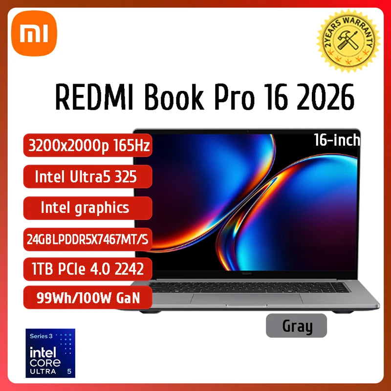 Xiaomi REDMI Book Pro 16 2026 Laptop Ultra5-338H/UltraX7-358H/32GB+1TB 16inch 3.2K 165Hz Screen MI Notebook PC