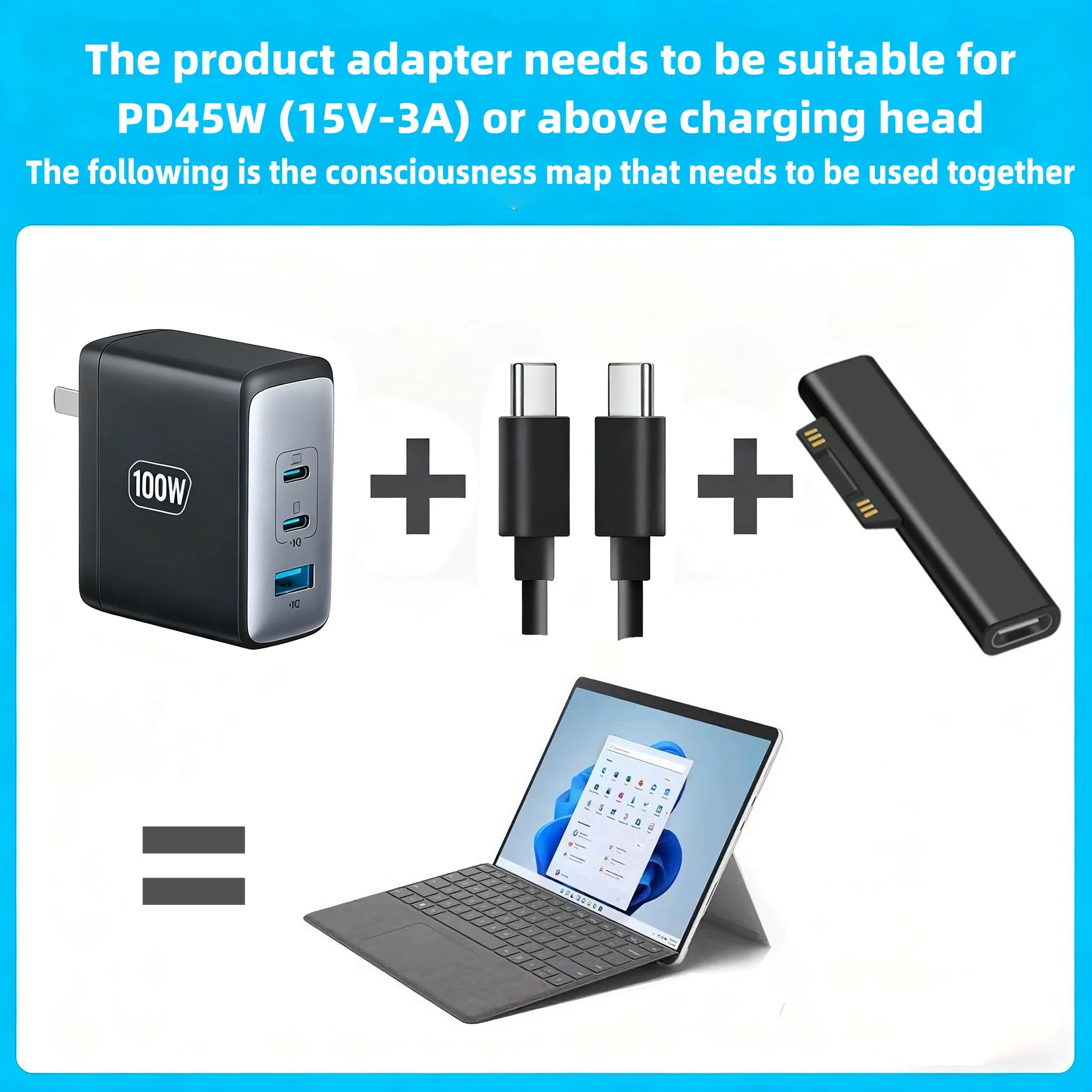 65W/102W PD Fast Charging USB C Power Supply For Microsoft Surface Pro X 8 7 6 5 4 3 Go Book Converter Charger For Microsoft