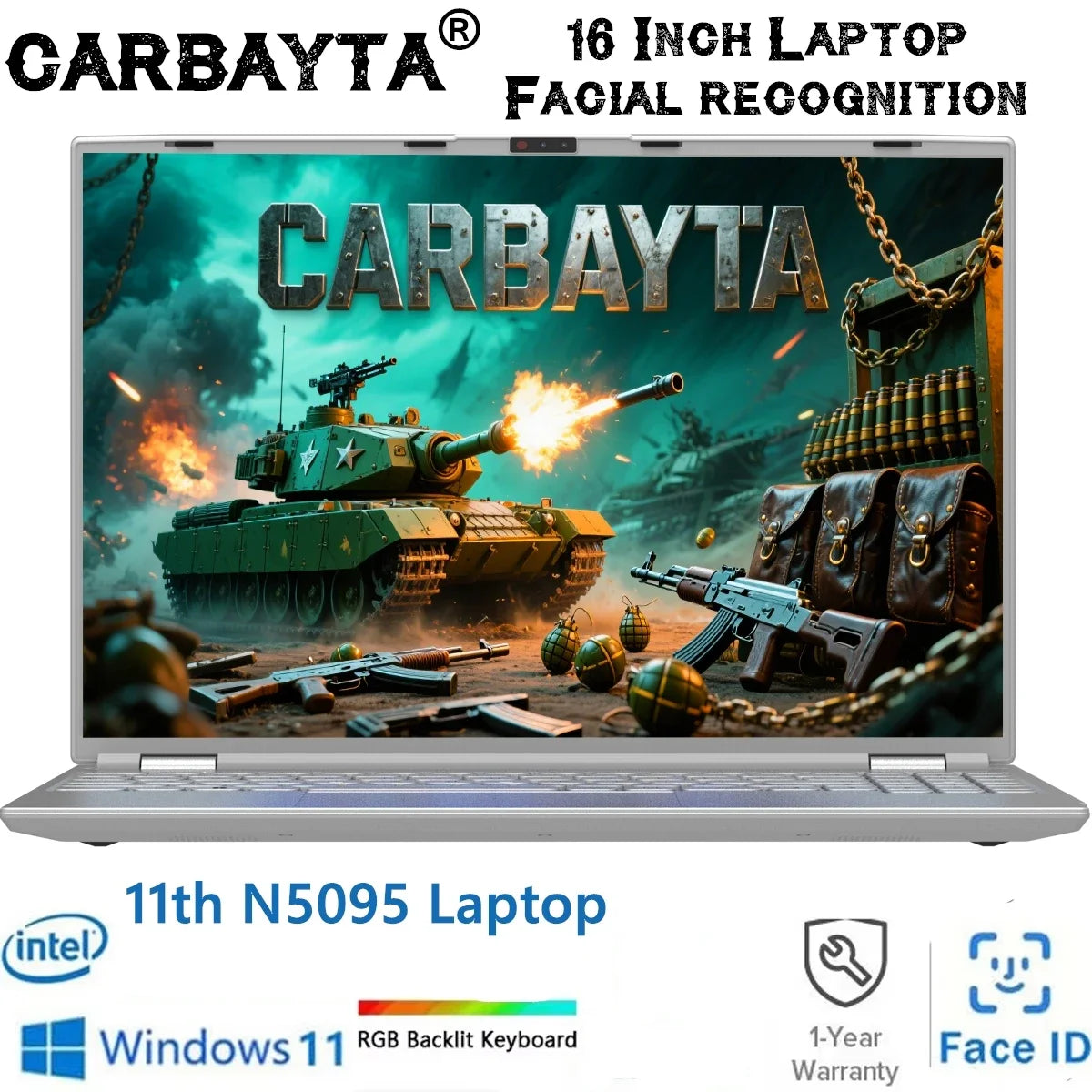 CARBAYTA Intel N9095 Laptop 16 inch IPS Screen ,16GB RAM ,  Office Learning Computer Windows 11 Pro Face unlock Gaming Notebook