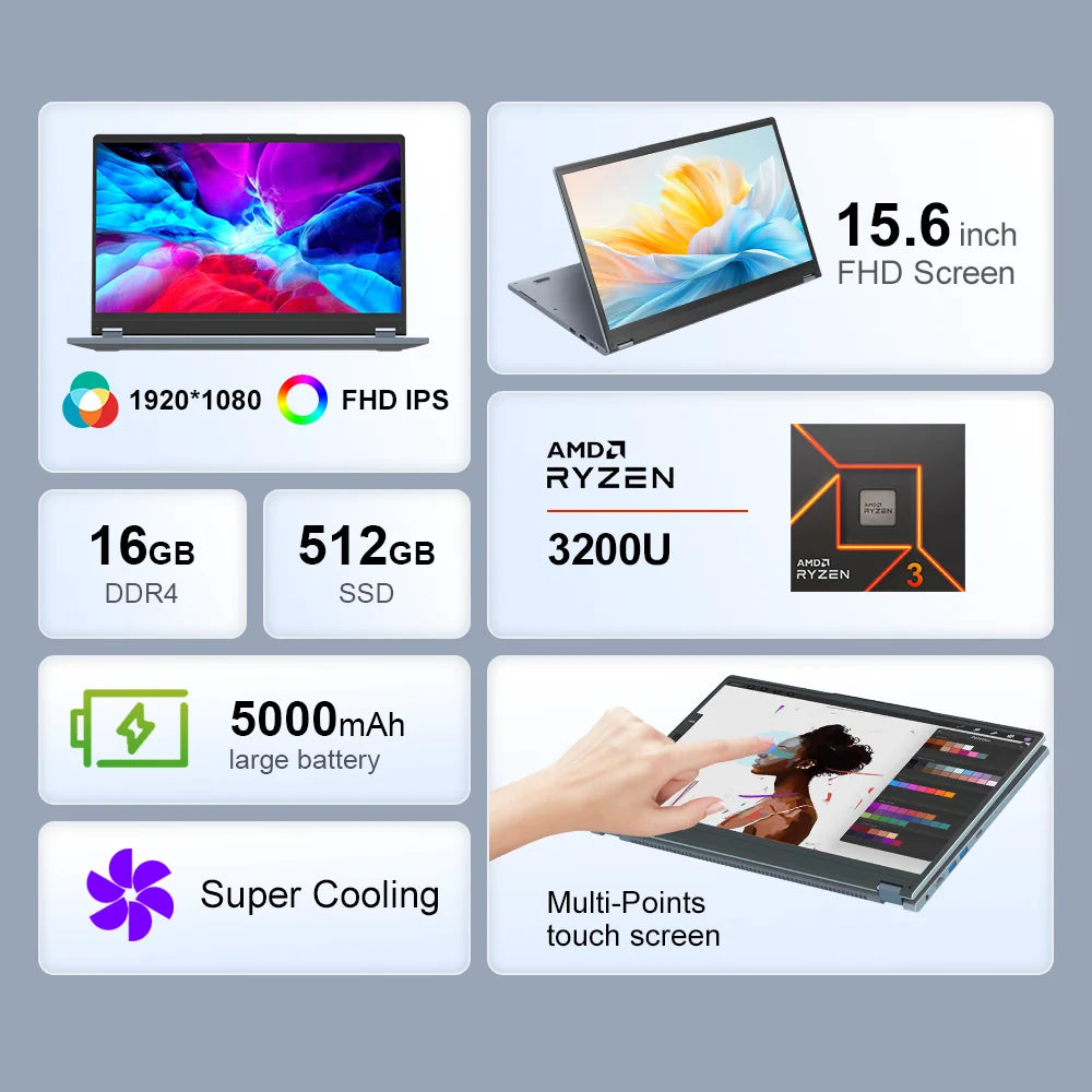 Ninkear 2 in 1 Laptop YBOOK 15 The best Christmas gift AMD™ Ryzen 3 3200U 16GB DDR4 + 512GB SSD 15.6 Inch 360 Degree Flip