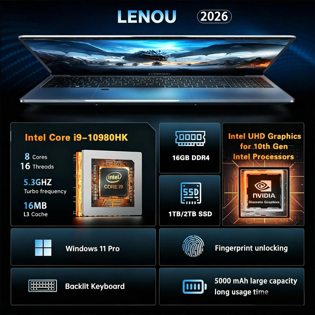LENOU 2026 NEW Intel Core I9 10980HK 15.6' Gaming Laptop 16GB DDR4 1TB SSD Windows 11 Pro Portable Notebook PC Computer Laptops