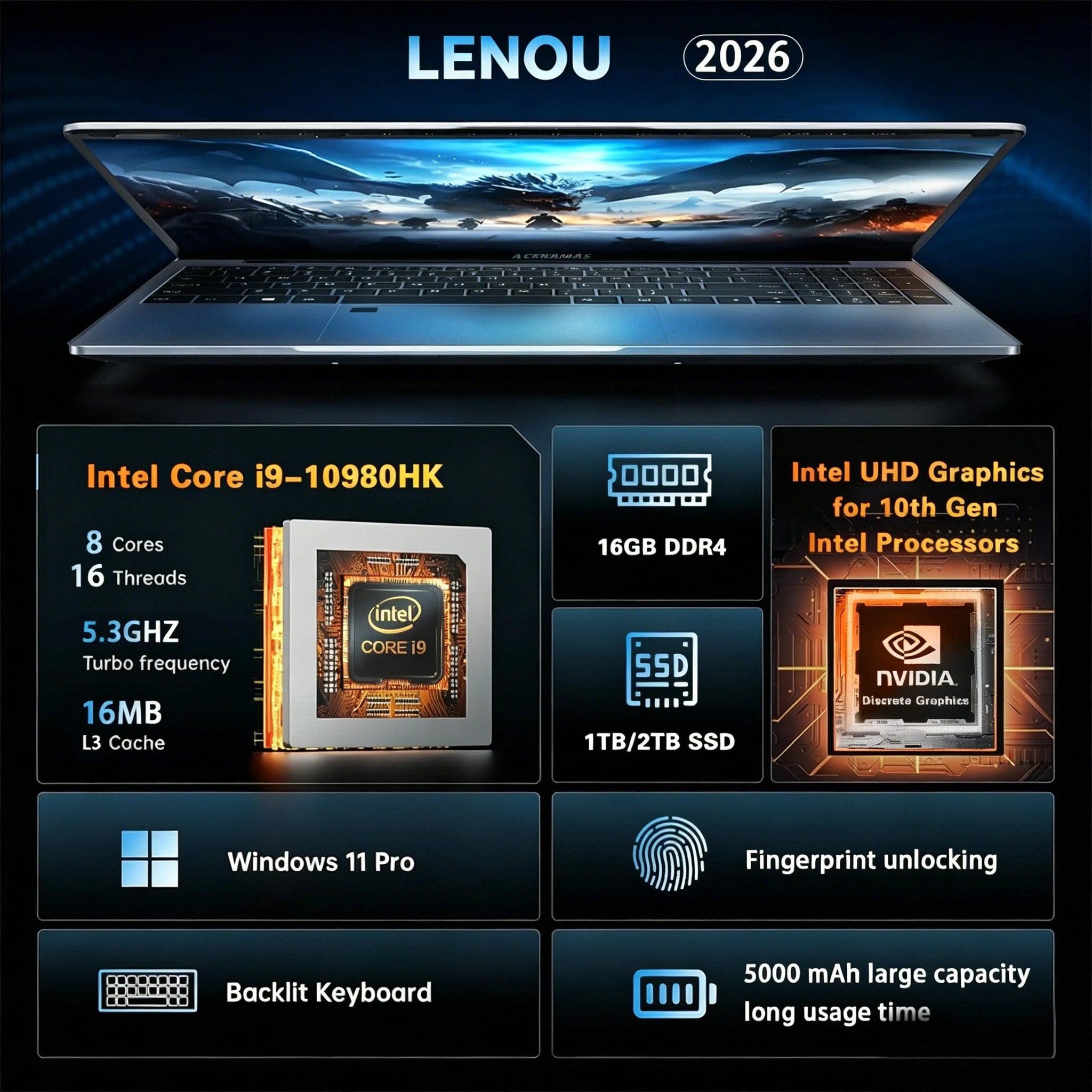 LENOU 2026 NEW Intel Core I9 10980HK 15.6' Gaming Laptop 16GB DDR4 1TB SSD Windows 11 Pro Portable Notebook PC Computer Laptops