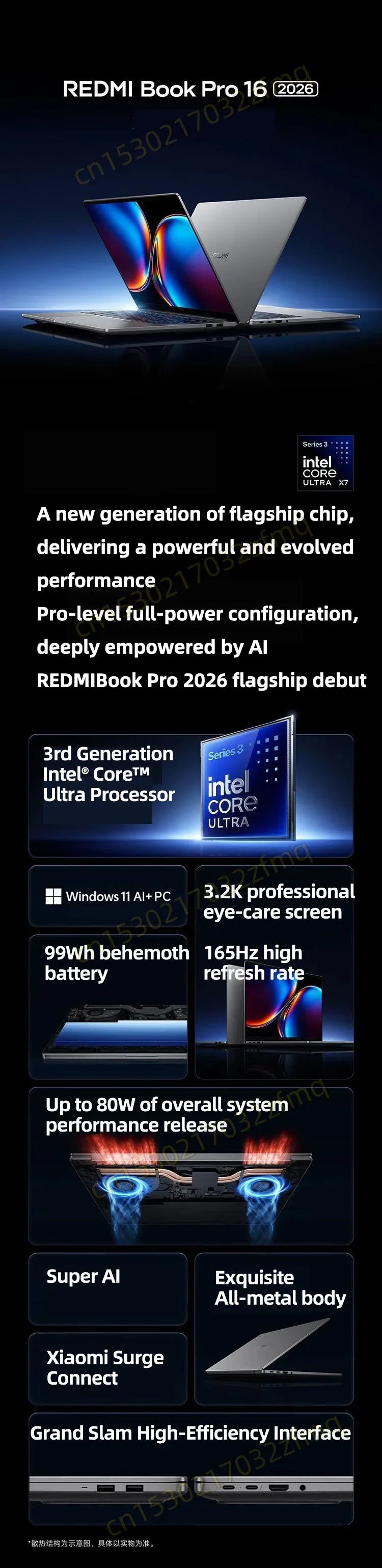 Xiaomi REDMI Book Pro 16 2026 Laptop Ultra5-338H/UltraX7-358H/32GB+1TB 16inch 3.2K 165Hz Screen MI Notebook PC