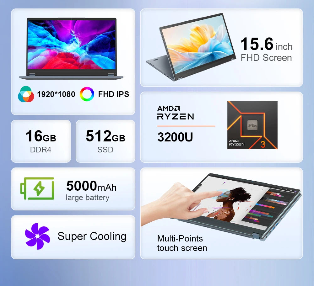 Ninkear 2 in 1 Laptop YBOOK 15 The best Christmas gift AMD™ Ryzen 3 3200U 16GB DDR4 + 512GB SSD 15.6 Inch 360 Degree Flip