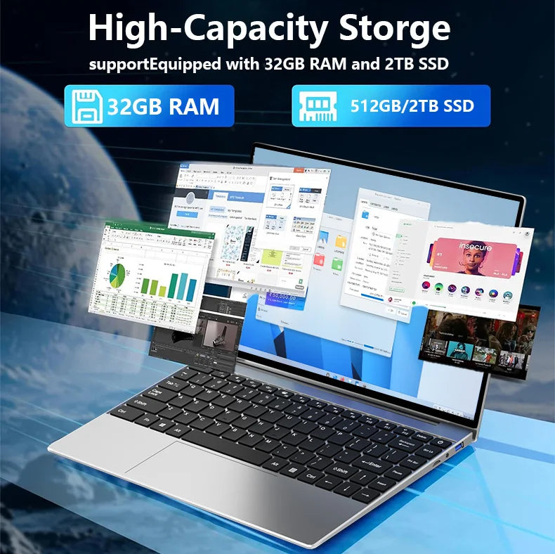 14.1" HD Laptop Intel  i7-8650U 32GB RAM 512GB 2TB SSD 5000mAh Battery Windows 11 Pro WiFi 6 Ultra Thin Business Gaming Notebook