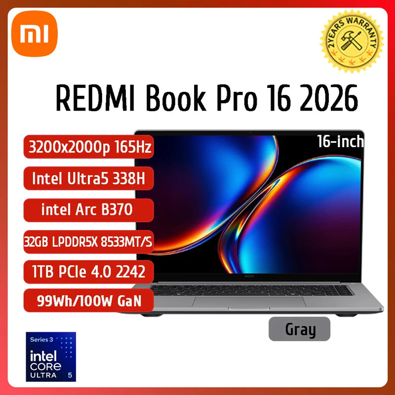 Xiaomi REDMI Book Pro 16 2026 Laptop Ultra5-338H/UltraX7-358H/32GB+1TB 16inch 3.2K 165Hz Screen MI Notebook PC