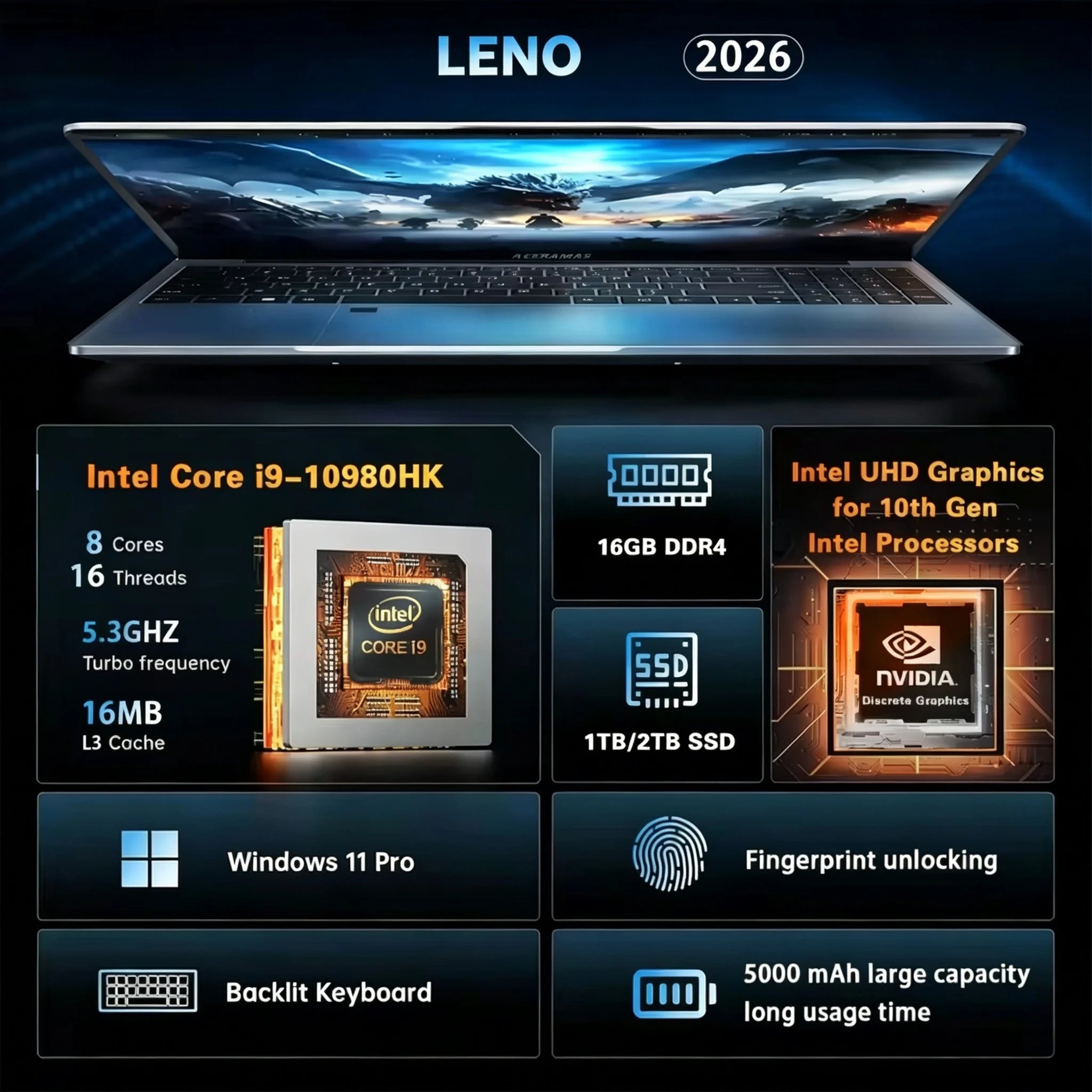 LENOU 2026 NEW Intel Core I9 10980HK 15.6' Gaming Laptop 16GB DDR4 1TB SSD Windows 11 Pro Portable Notebook PC Computer Laptops