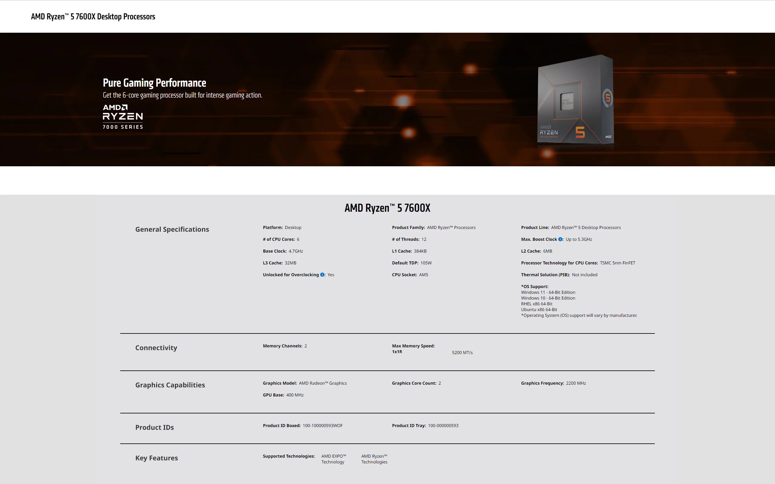 AMD New Ryzen 5 7600X CPU R5 7600X 4.7 GHz 6-Core 12-Thread 5NM L3=32M 100-000000593 Socket AM5 Sealed Without cooler